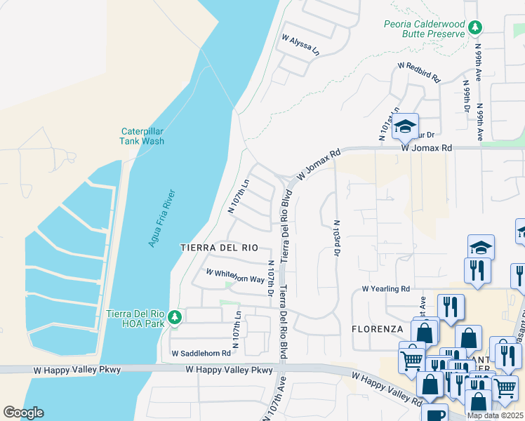 map of restaurants, bars, coffee shops, grocery stores, and more near 10743 West Lariat Lane in Peoria
