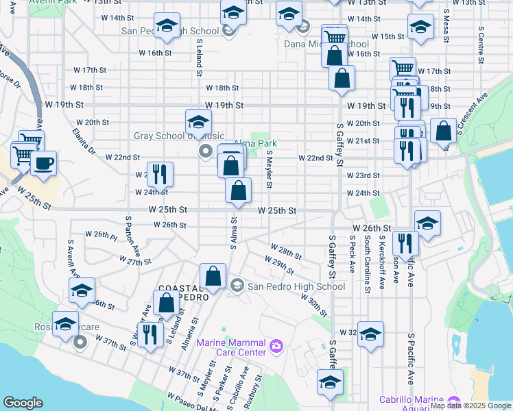 map of restaurants, bars, coffee shops, grocery stores, and more near 932 West 25th Street in San Pedro