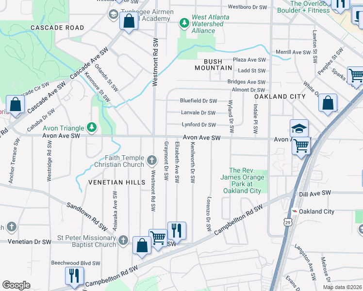 map of restaurants, bars, coffee shops, grocery stores, and more near 1234 Elizabeth Avenue Southwest in Atlanta