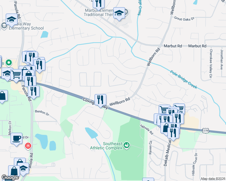 map of restaurants, bars, coffee shops, grocery stores, and more near 5655 Windfall Lane in Lithonia