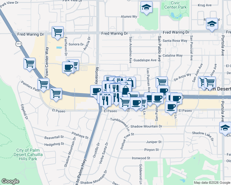 map of restaurants, bars, coffee shops, grocery stores, and more near 73180 California 111 in Palm Desert