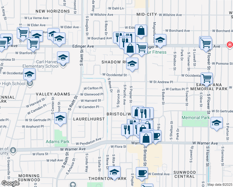 map of restaurants, bars, coffee shops, grocery stores, and more near 2030 South Spruce Street in Santa Ana