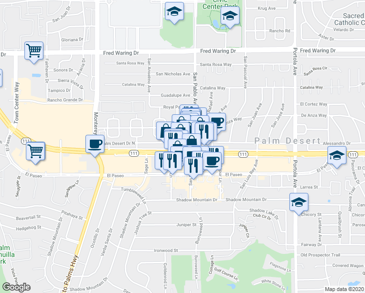 map of restaurants, bars, coffee shops, grocery stores, and more near 73-458 California 111 in Palm Desert