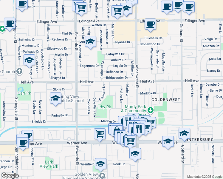 map of restaurants, bars, coffee shops, grocery stores, and more near 16562 Patricia Lane in Huntington Beach