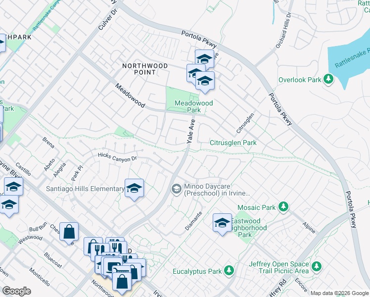map of restaurants, bars, coffee shops, grocery stores, and more near Hicks Canyon Trail in Irvine