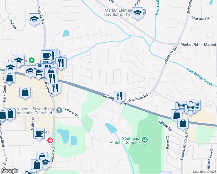 map of restaurants, bars, coffee shops, grocery stores, and more near 2289 Strathmoor Manor Drive in Lithonia