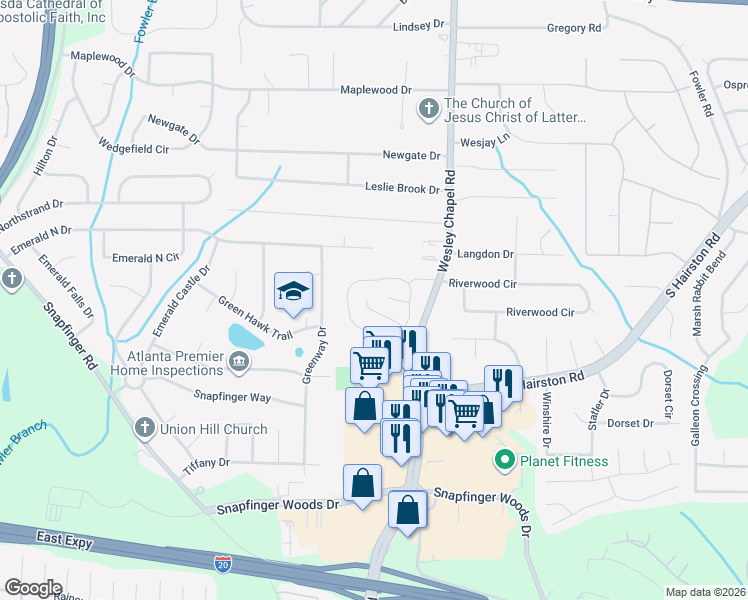 map of restaurants, bars, coffee shops, grocery stores, and more near 4213 Wesley Hall Lane in Decatur