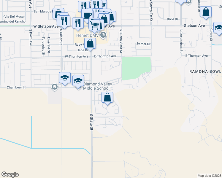 map of restaurants, bars, coffee shops, grocery stores, and more near 1536 South State Street in Hemet