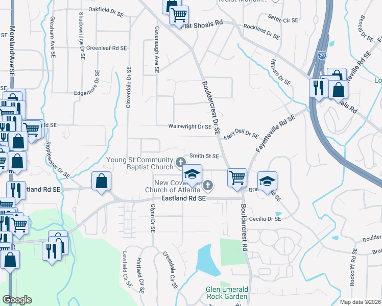 map of restaurants, bars, coffee shops, grocery stores, and more near 1372 Smith Street Southeast in Atlanta