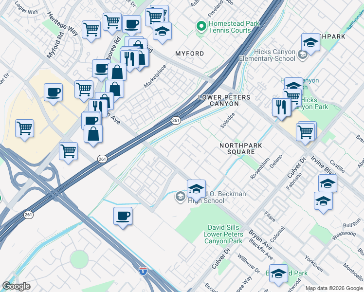 map of restaurants, bars, coffee shops, grocery stores, and more near 15 Zuma in Irvine