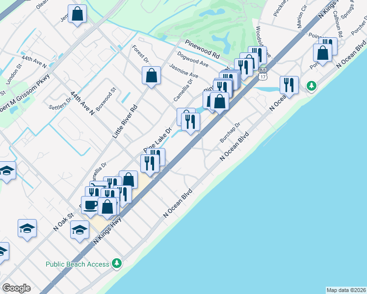map of restaurants, bars, coffee shops, grocery stores, and more near 4701 U.S. 17 Business in Myrtle Beach