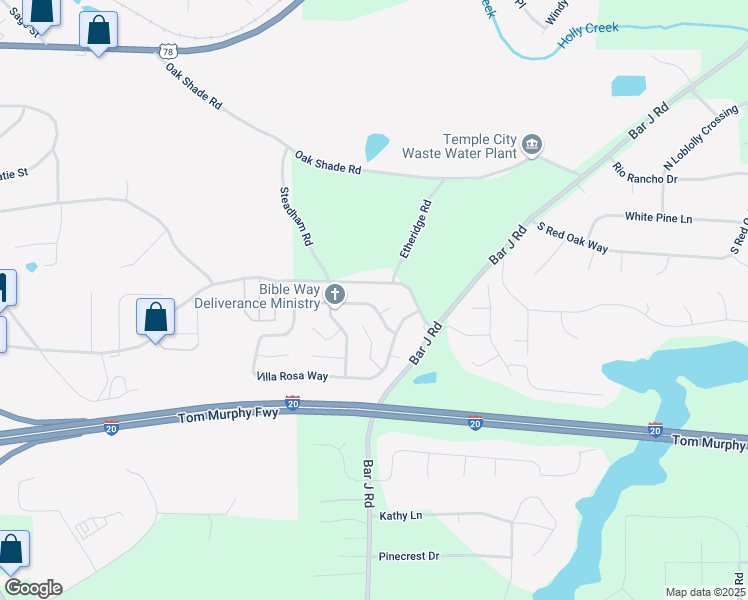 map of restaurants, bars, coffee shops, grocery stores, and more near 52 Villa Rosa Lane in Temple