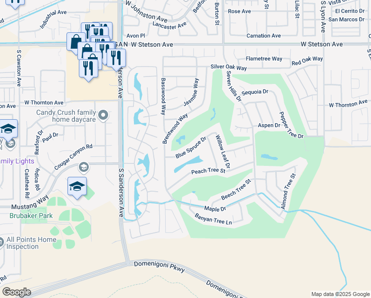 map of restaurants, bars, coffee shops, grocery stores, and more near 2842 Blue Spruce Drive in Hemet