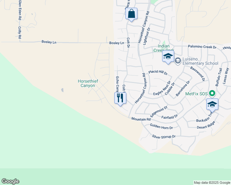 map of restaurants, bars, coffee shops, grocery stores, and more near 27381 Echo Canyon Court in Corona