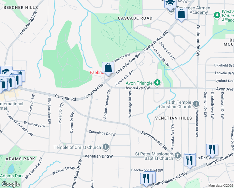 map of restaurants, bars, coffee shops, grocery stores, and more near 1221 Cahaba Drive Southwest in Atlanta