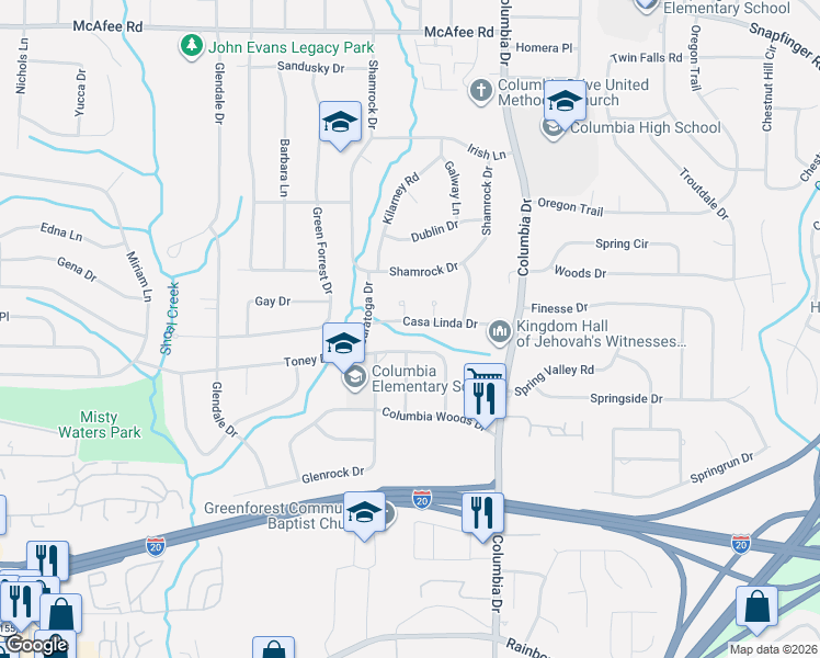 map of restaurants, bars, coffee shops, grocery stores, and more near 3277 Casa Linda Drive in Decatur