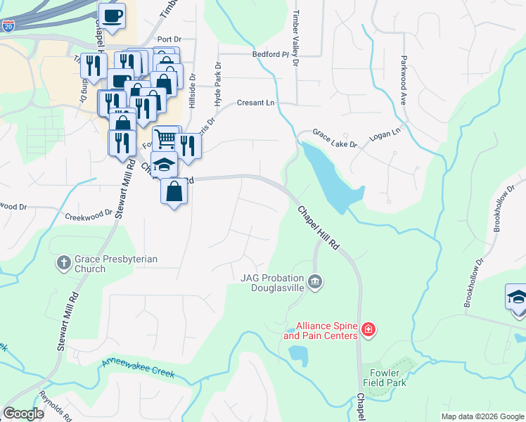 map of restaurants, bars, coffee shops, grocery stores, and more near 4625 Fox Hollow Court in Douglasville