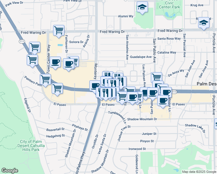 map of restaurants, bars, coffee shops, grocery stores, and more near 73098 California 111 in Palm Desert