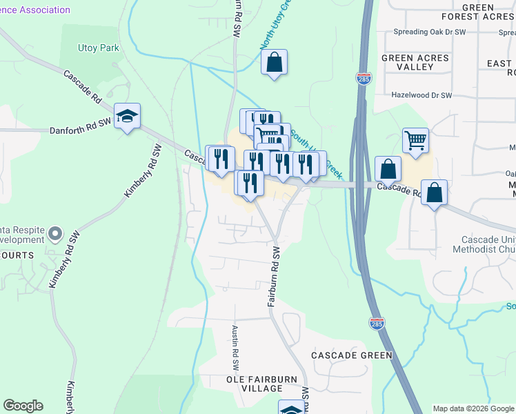map of restaurants, bars, coffee shops, grocery stores, and more near 1225 Fairburn Road Southwest in Atlanta