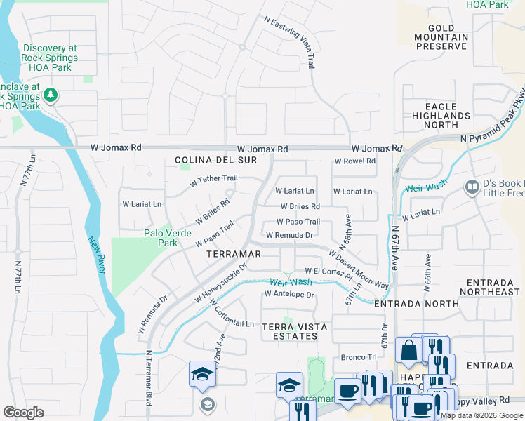 map of restaurants, bars, coffee shops, grocery stores, and more near 7105 West Paso Trail in Peoria