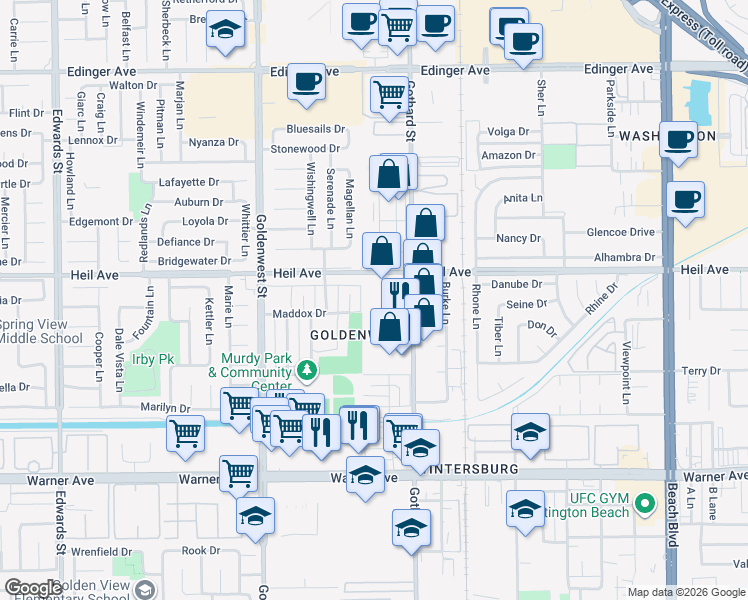 map of restaurants, bars, coffee shops, grocery stores, and more near 16611 Gemini Lane in Huntington Beach
