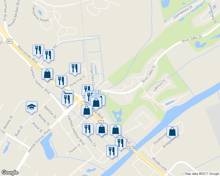 map of restaurants, bars, coffee shops, grocery stores, and more near 465 Red River Court in Myrtle Beach