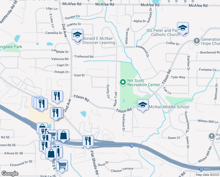 map of restaurants, bars, coffee shops, grocery stores, and more near 2321 Scotty Circle in Decatur