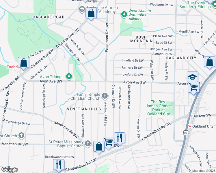 map of restaurants, bars, coffee shops, grocery stores, and more near 1231 Westmont Road Southwest in Atlanta