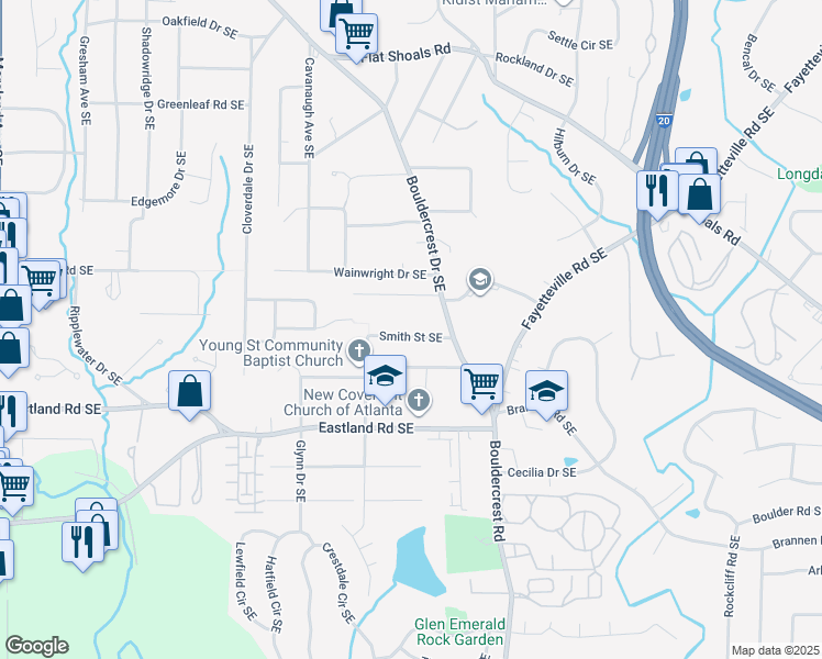 map of restaurants, bars, coffee shops, grocery stores, and more near 1400 Smith Street Southeast in Atlanta