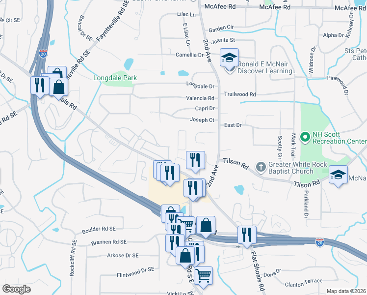 map of restaurants, bars, coffee shops, grocery stores, and more near 1933 Shawn Wayne Circle Southeast in Atlanta