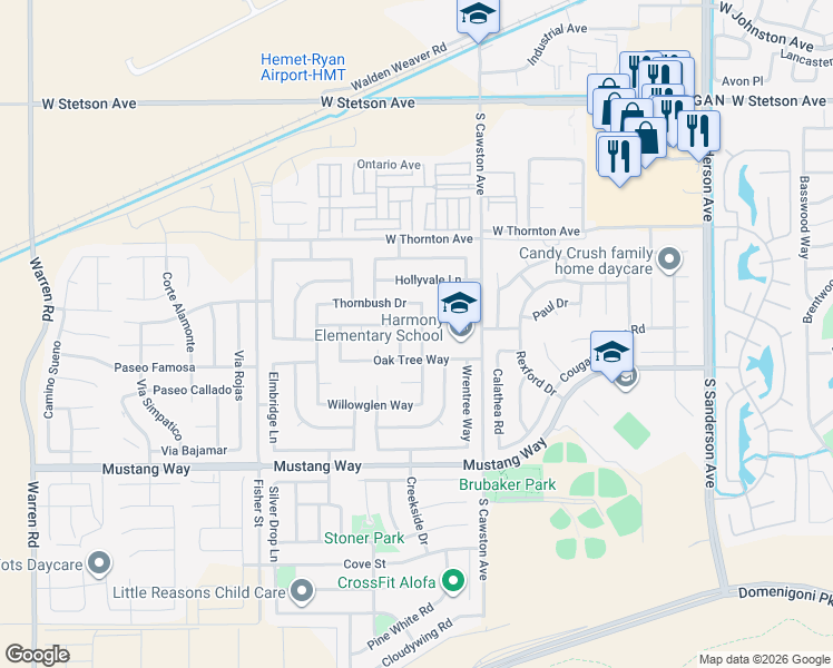 map of restaurants, bars, coffee shops, grocery stores, and more near 1519 Bluejay Way in Hemet