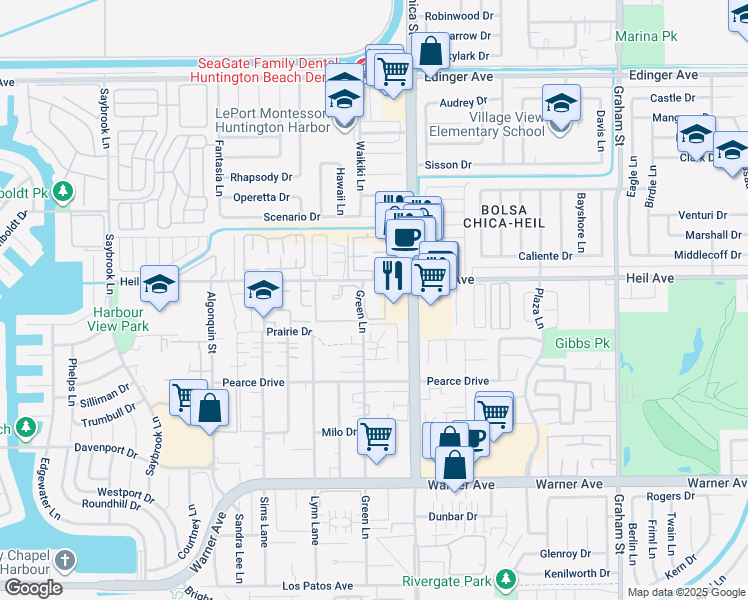 map of restaurants, bars, coffee shops, grocery stores, and more near 16551 Grunion Lane in Huntington Beach