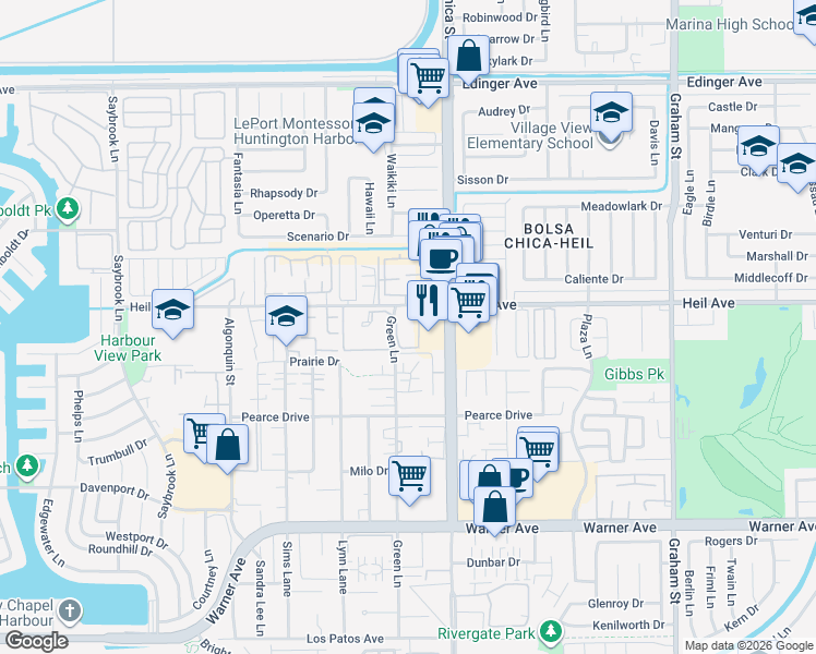 map of restaurants, bars, coffee shops, grocery stores, and more near 16551 Grunion Lane in Huntington Beach