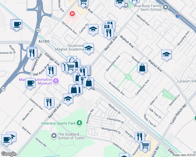 map of restaurants, bars, coffee shops, grocery stores, and more near 1651 Green Meadow Avenue in Tustin