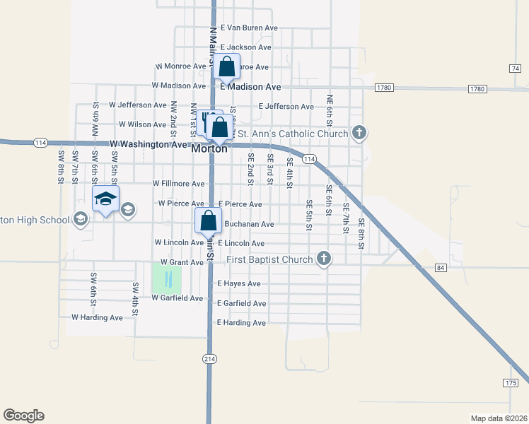map of restaurants, bars, coffee shops, grocery stores, and more near 301-399 East Buchanan Avenue in Morton