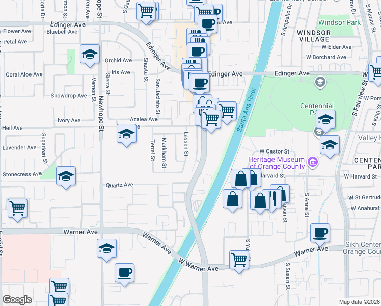 map of restaurants, bars, coffee shops, grocery stores, and more near 16652 Lassen Street in Fountain Valley