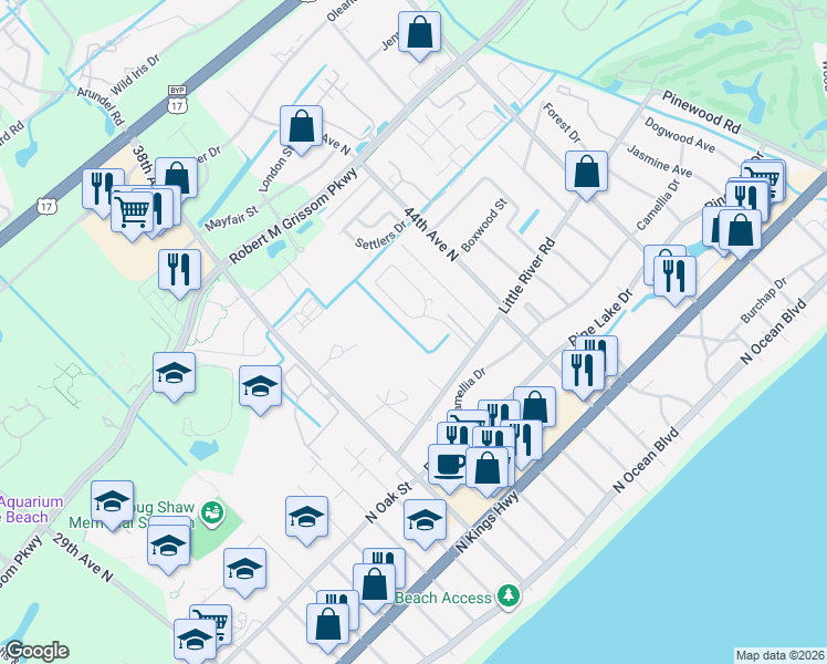 map of restaurants, bars, coffee shops, grocery stores, and more near 4115 Little River Road in Myrtle Beach