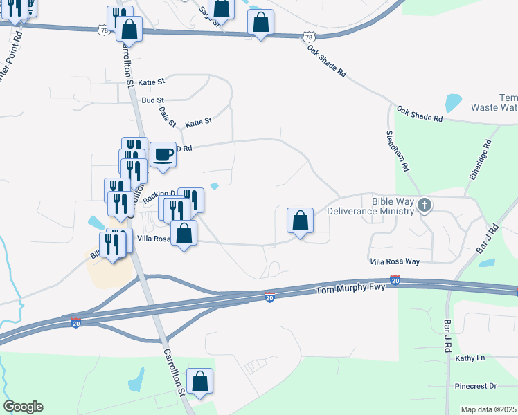 map of restaurants, bars, coffee shops, grocery stores, and more near 129 Fawn Lane in Temple