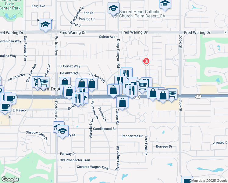 map of restaurants, bars, coffee shops, grocery stores, and more near in Palm Desert