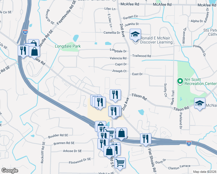 map of restaurants, bars, coffee shops, grocery stores, and more near 1933 Shawn Wayne Circle Southeast in Atlanta