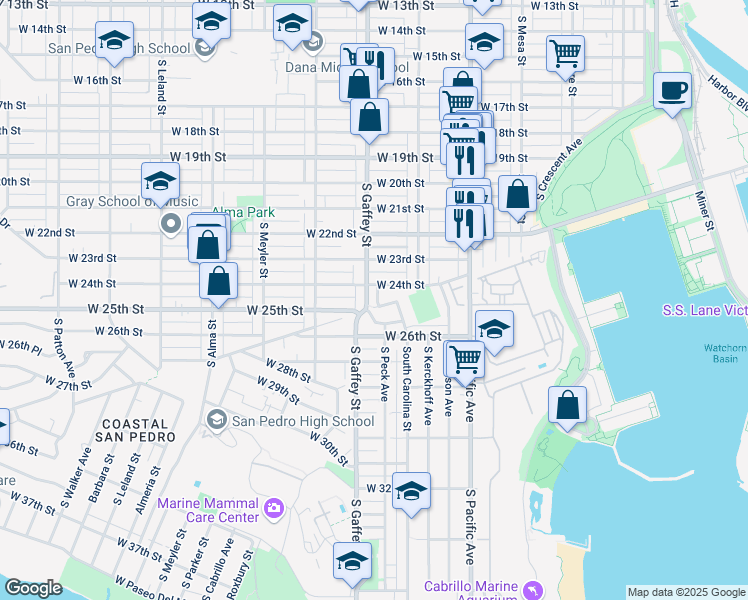 map of restaurants, bars, coffee shops, grocery stores, and more near 2424 South Gaffey Street in Los Angeles