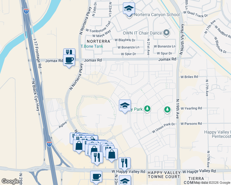 map of restaurants, bars, coffee shops, grocery stores, and more near 1 N Norterra Pkwy in Phoenix