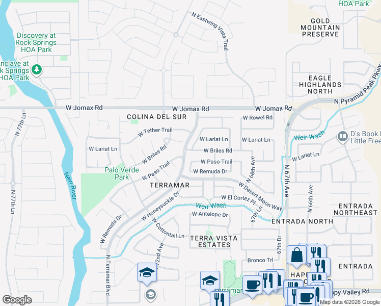 map of restaurants, bars, coffee shops, grocery stores, and more near 7105 West Paso Trail in Peoria