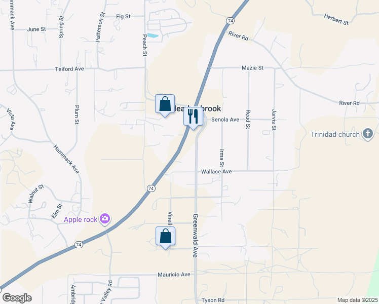 map of restaurants, bars, coffee shops, grocery stores, and more near 27410 California 74 in Perris