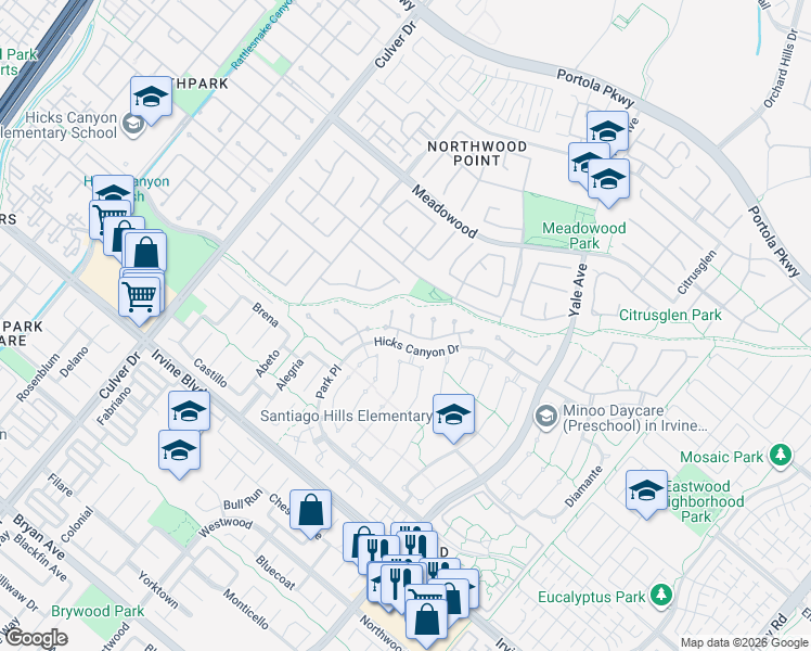 map of restaurants, bars, coffee shops, grocery stores, and more near 31 Hermosa in Irvine