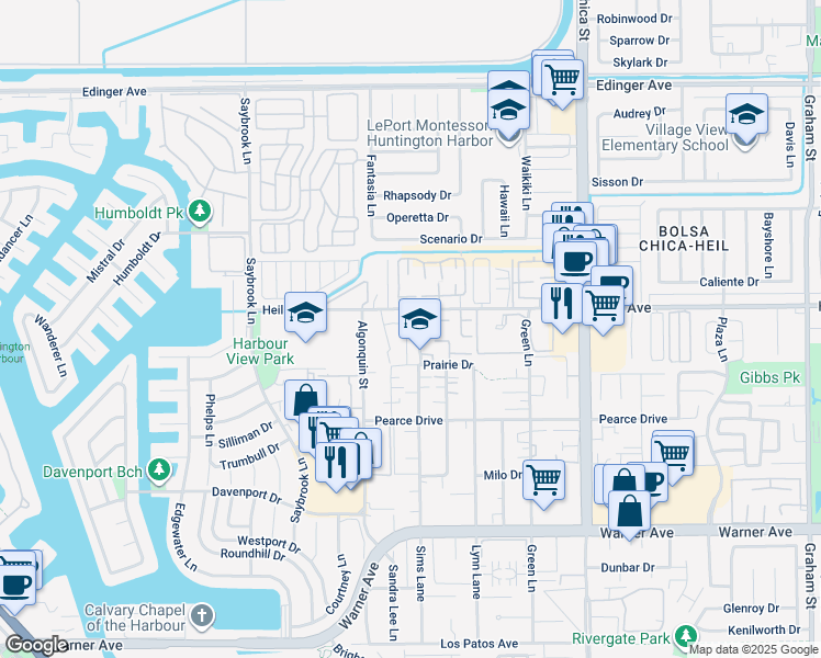 map of restaurants, bars, coffee shops, grocery stores, and more near in Huntington Beach