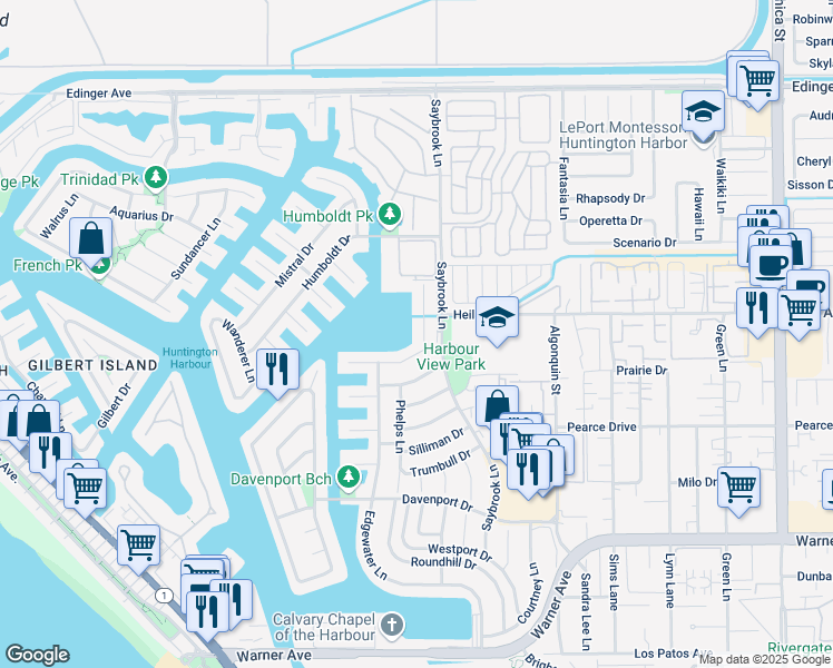 map of restaurants, bars, coffee shops, grocery stores, and more near 4171 Morning Star Drive in Huntington Beach