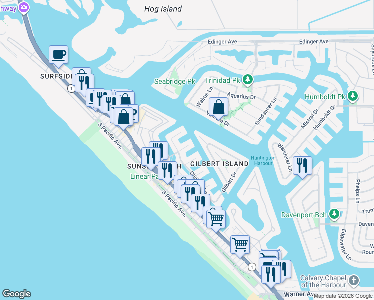 map of restaurants, bars, coffee shops, grocery stores, and more near 16612 Channel Lane in Huntington Beach