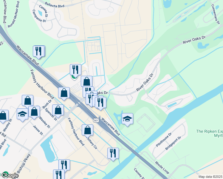 map of restaurants, bars, coffee shops, grocery stores, and more near 465 Red River Court in Myrtle Beach