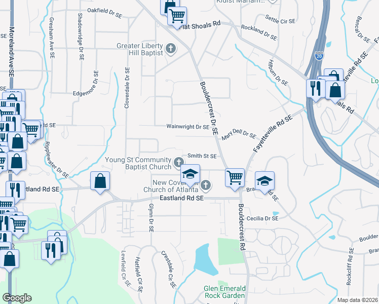 map of restaurants, bars, coffee shops, grocery stores, and more near 1372 Smith Street Southeast in Atlanta